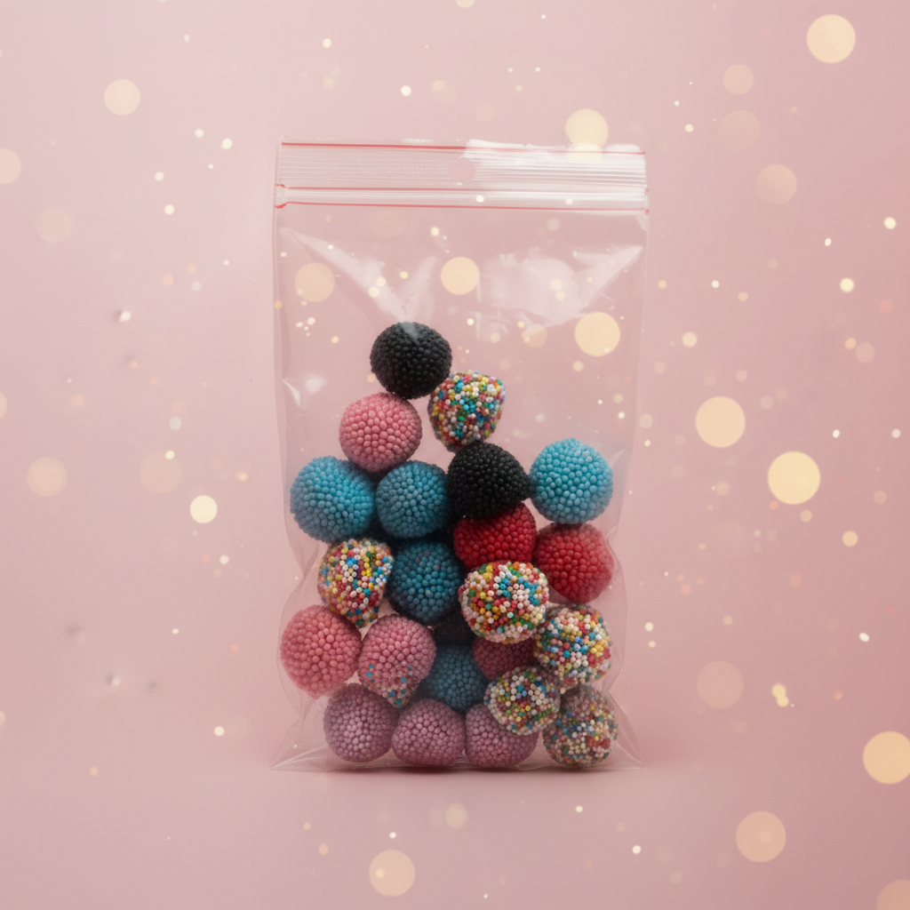 Assortiment Mix 100g sachet debout fond rose bokeh
