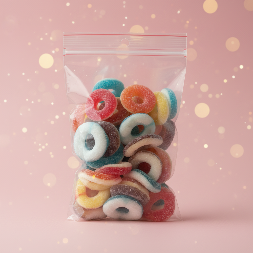 Assortiment Anneaux 100g bonbons gummies fond rose bokeh