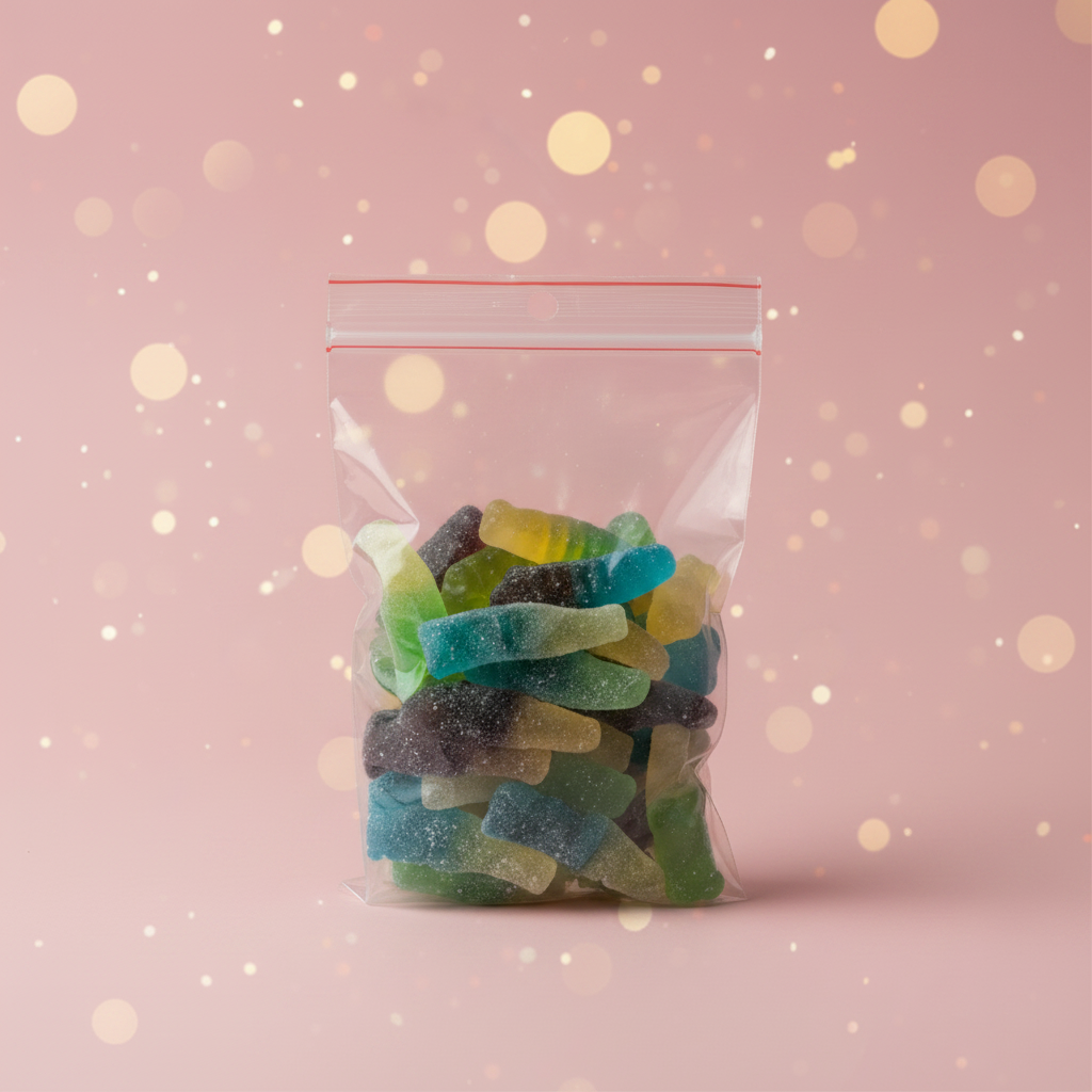 Bouteille Mix 100g bonbons gummies fond rose bokeh