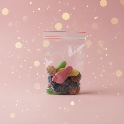 Assortiment Mix 100g bonbons gummies fond rose bokeh